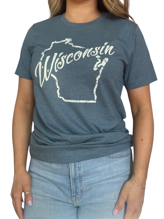 Wisconsin Outline Tee in Heather Slate